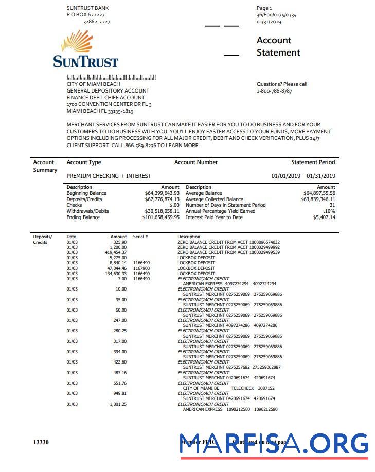 Blank USA SunTrust bank statement word template